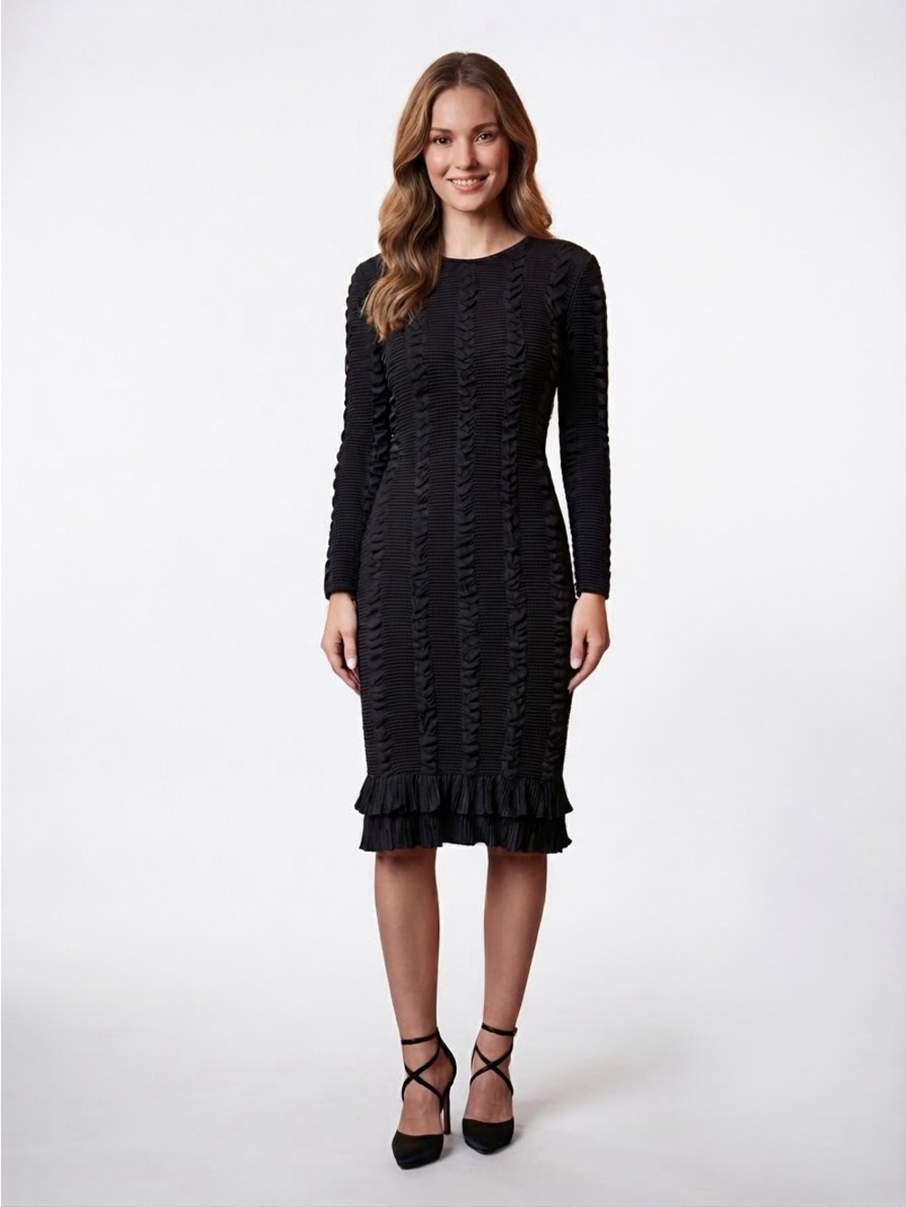 Mademoiselle Elegant Black Ruffle Trim Long-Sleeve Bodycon Dress Made in USA